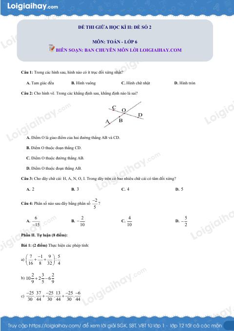 Đề thi giữa kì 2 Toán 6 - Đề số 2 - Chân trời sáng tạo
